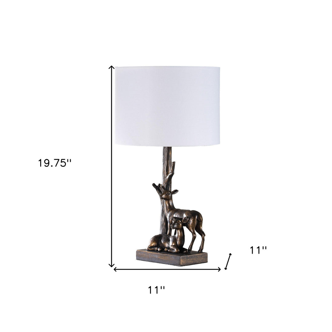 20" Bronze Mom and Baby Deer Table Lamp With White Drum Shade