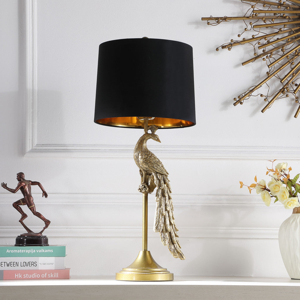 29" Gold Peacock Table Lamp With Black Drum Shade