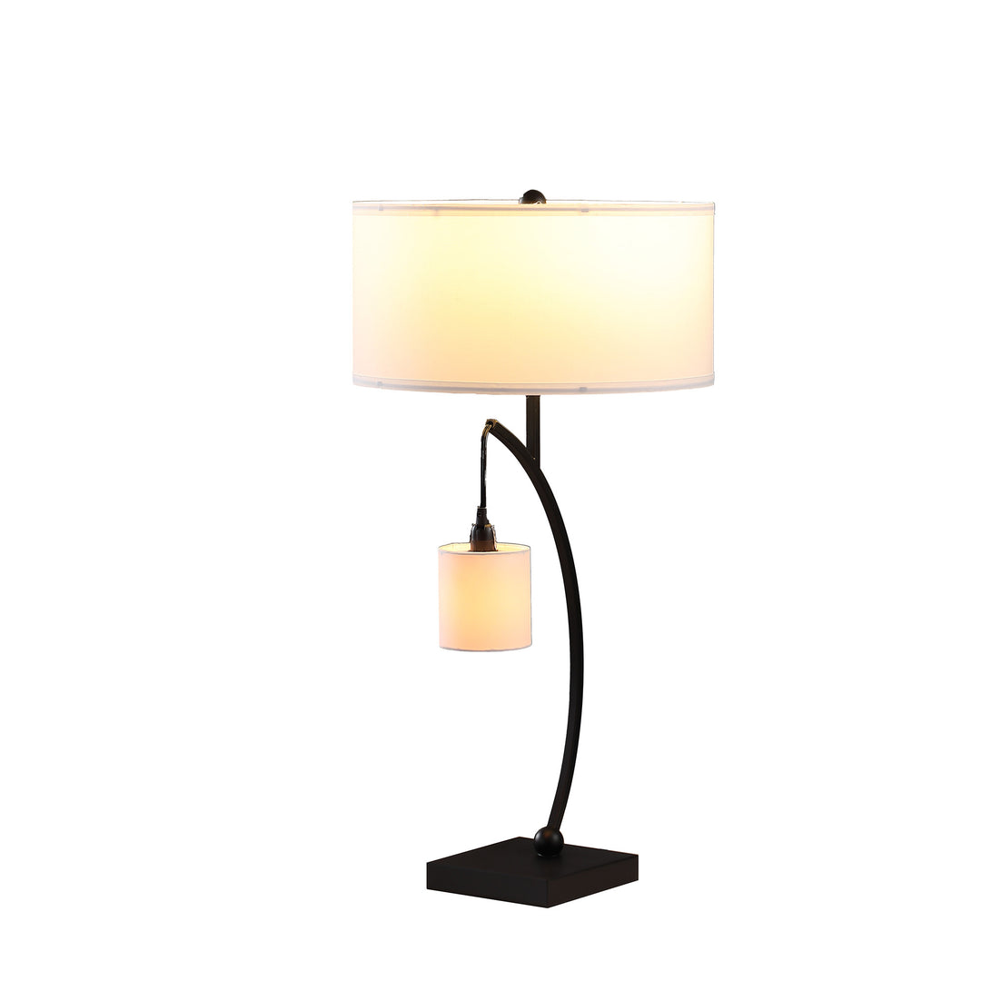 29" Black Metal Two Light Arched Table Lamp With White Drum Shade