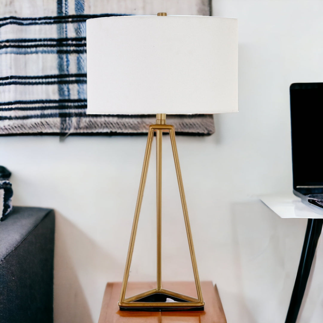 26" Gold Metal Table Lamp With White Drum Shade