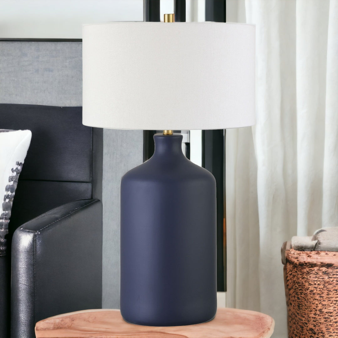 29" Navy Blue Ceramic Table Lamp With White Drum Shade