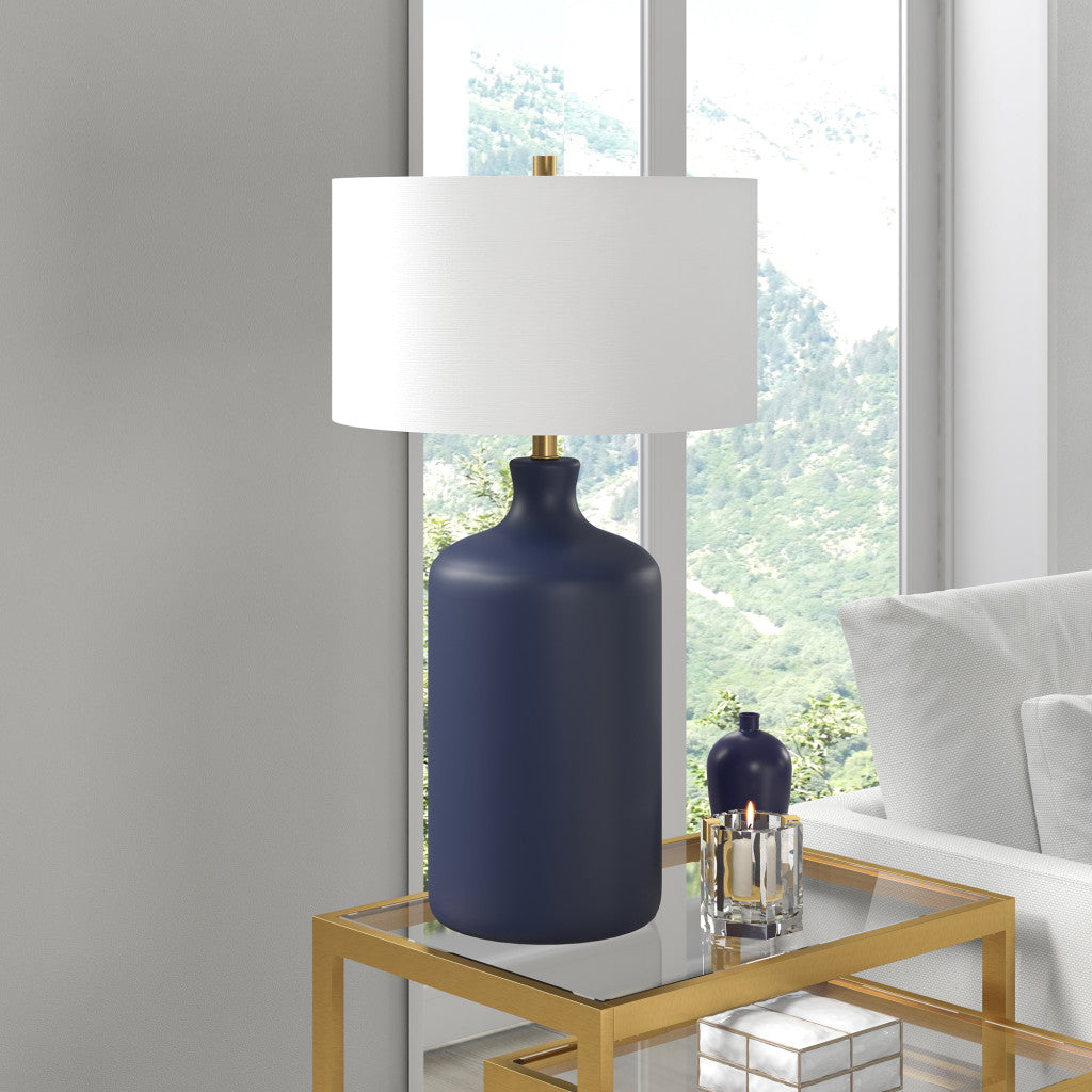 29" Navy Blue Ceramic Table Lamp With White Drum Shade