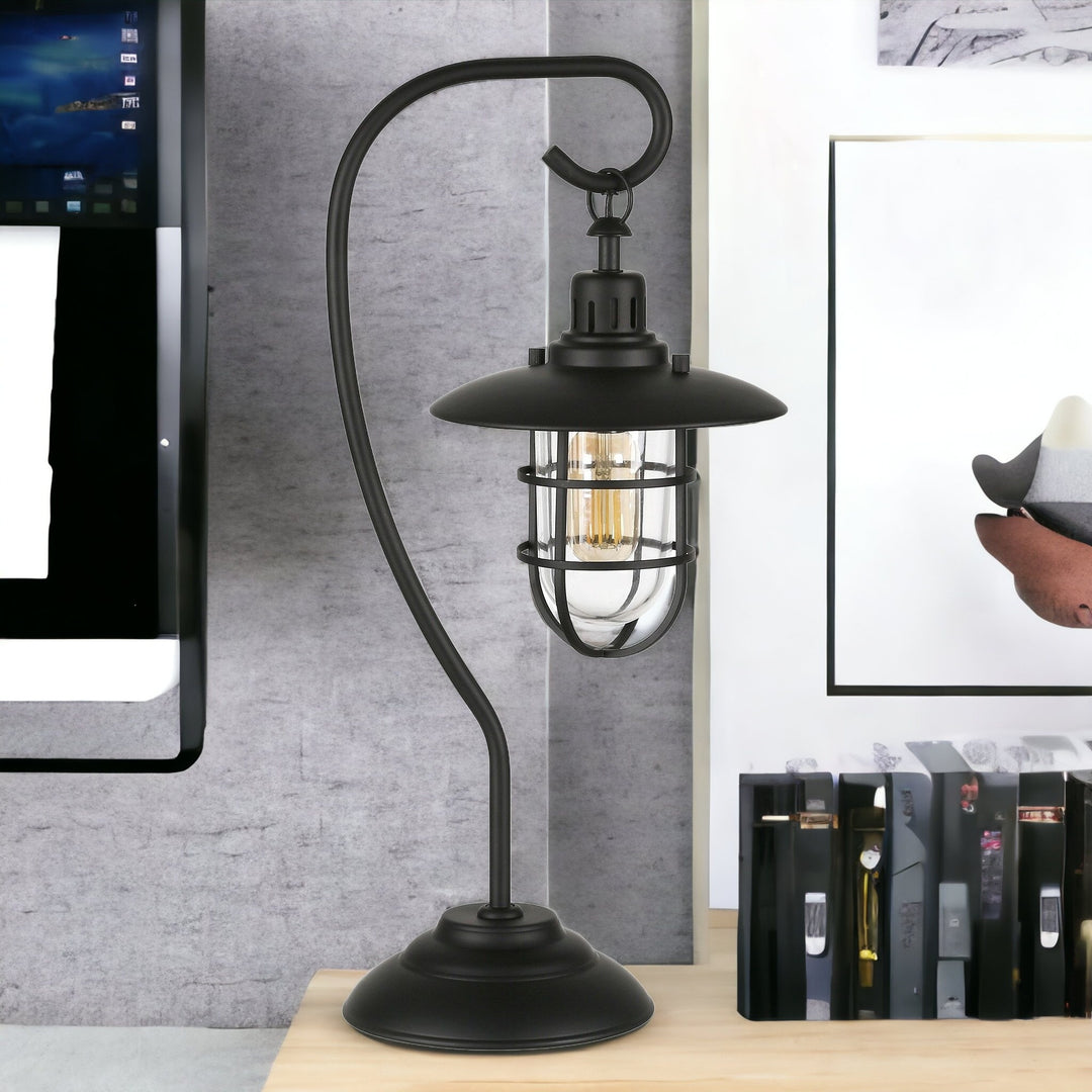 22" Black Metal Arched Table Lamp With Black Cage Shade