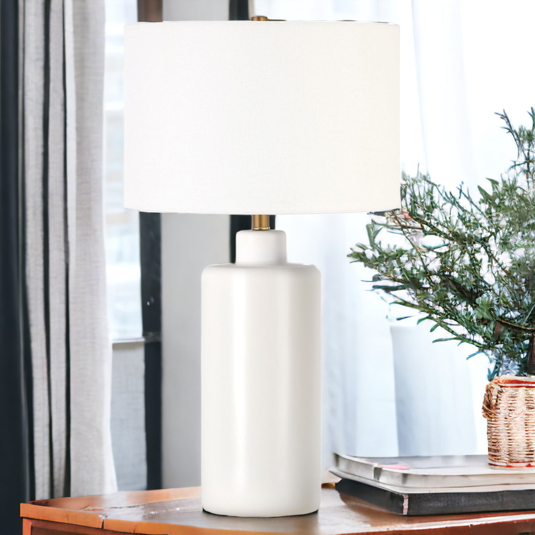 25" White Ceramic Table Lamp With White Drum Shade