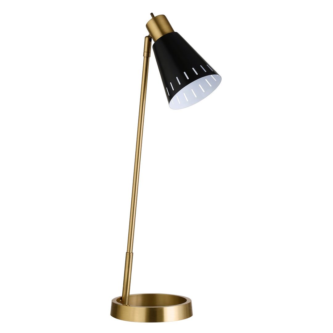 27" Brass Metal Desk Table Lamp With Black Cone Shade