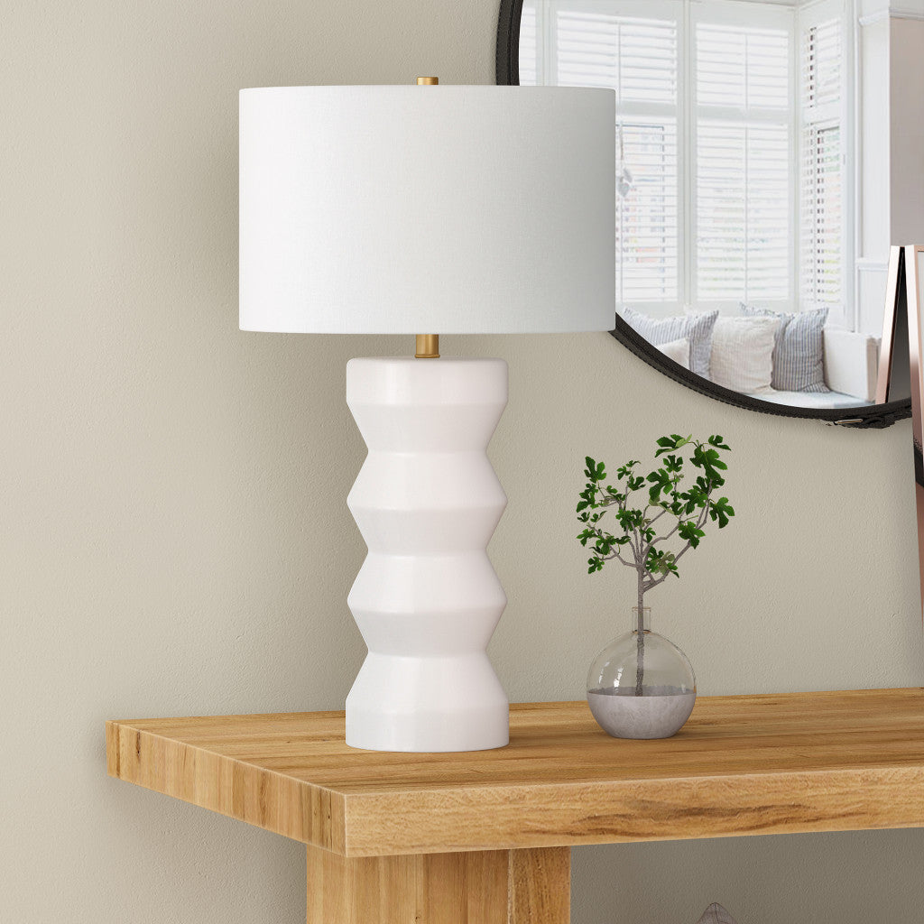 28" White Ceramic Table Lamp With White Drum Shade