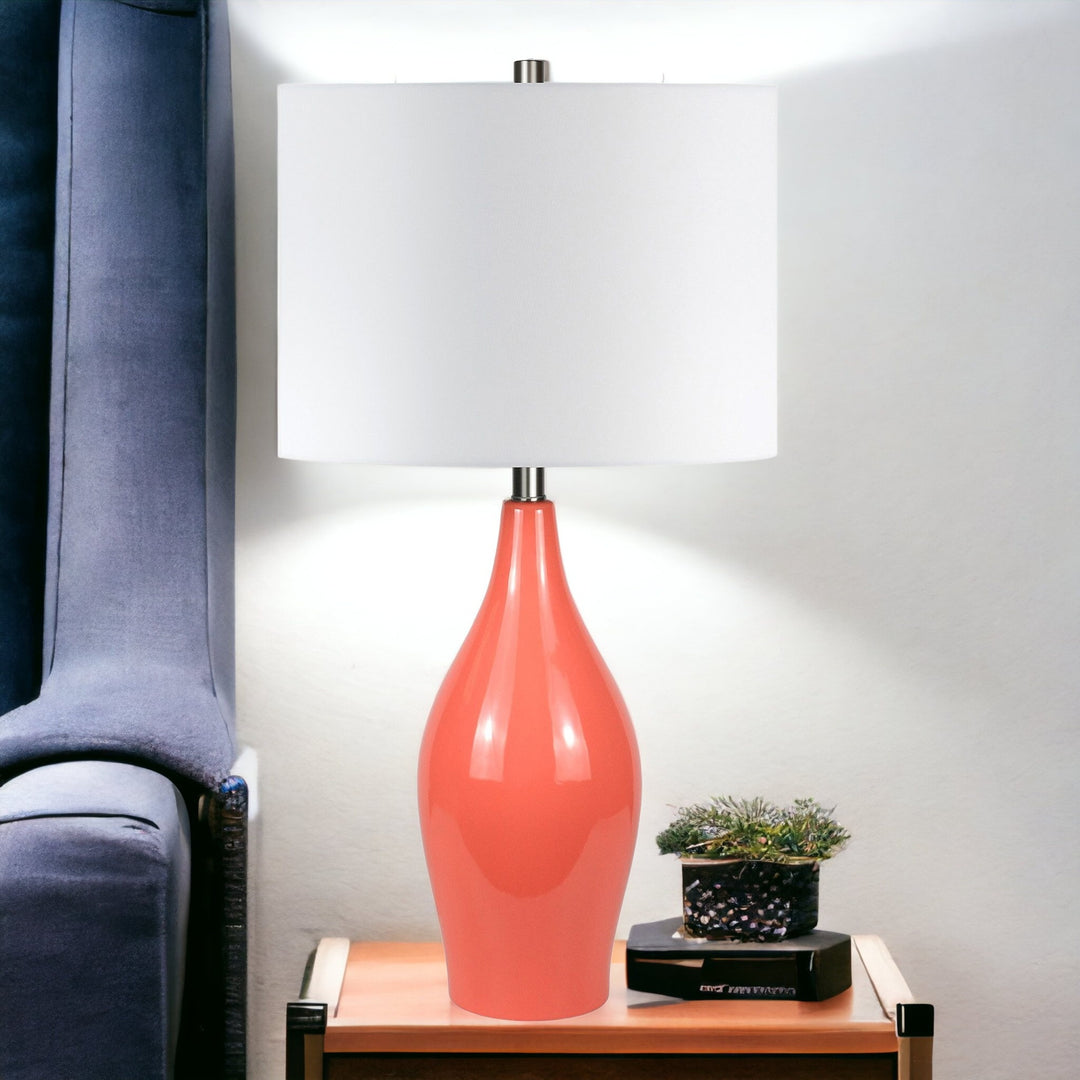 28" Coral Porcelain Table Lamp With White Drum Shade