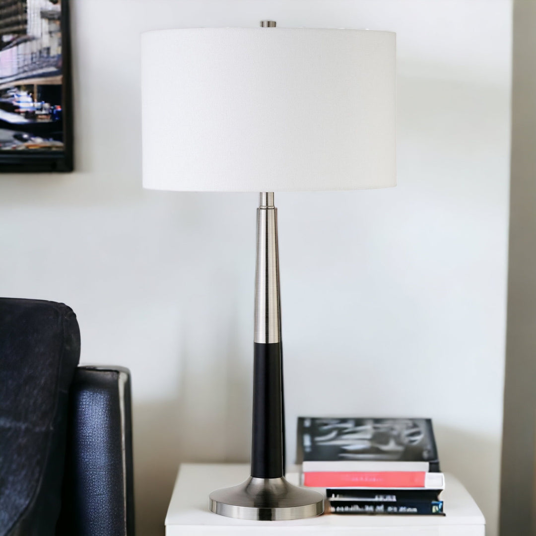 29" Black and Silver Metal Table Lamp With White Drum Shade