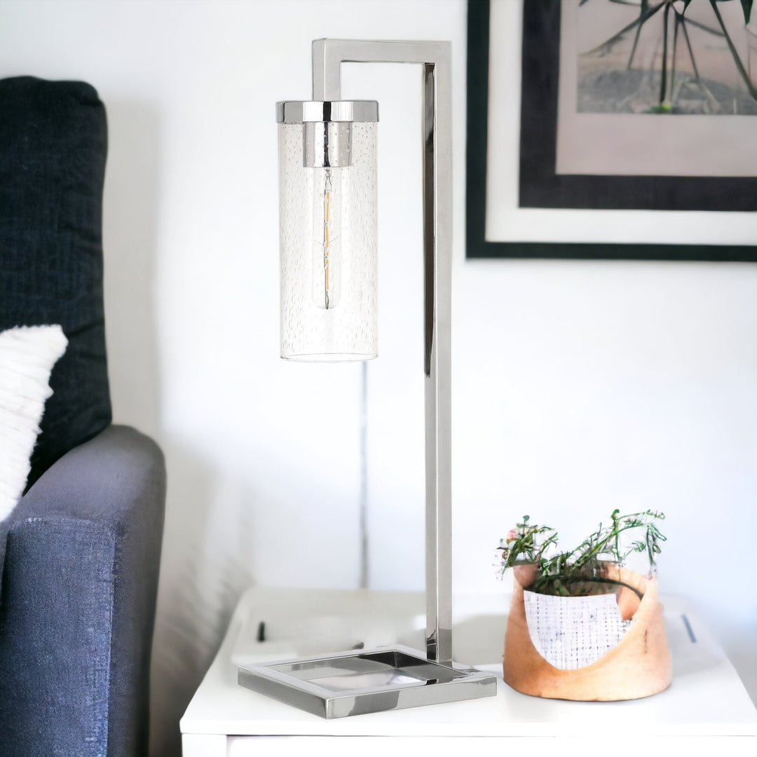 26" Nickel Metal Arched Table Lamp With Clear Seeded Cylinder Shade