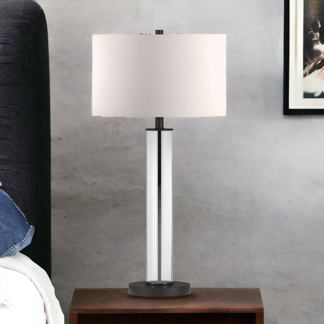 29" Black Glass Table Lamp With White Drum Shade