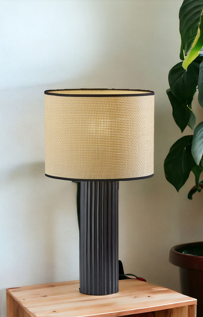 24" Black Ceramic Cylinder Table Lamp With Beige Drum Shade