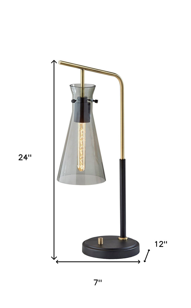 24" Black and Gold Metal Desk Lamp With Light Gray Cone Shade