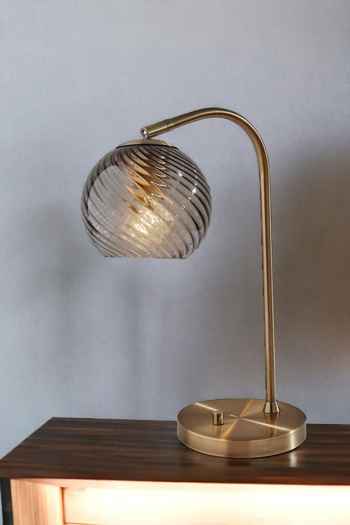 19" Antiqued Brass Metal Desk Lamp With Light Gray Swirl Globe Shade