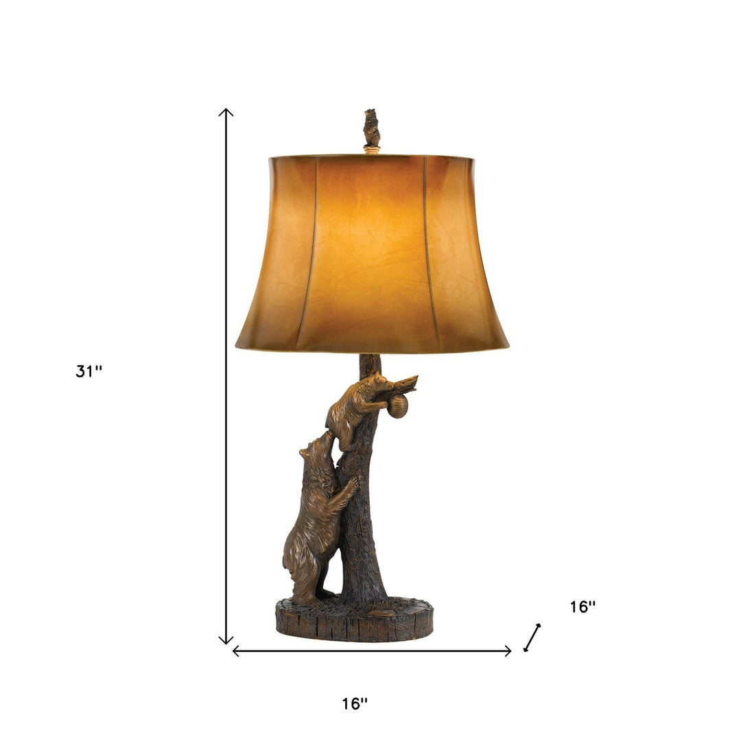 31" Bronze Bears After the Honey Table Lamp With Brown Faux Leather Shade