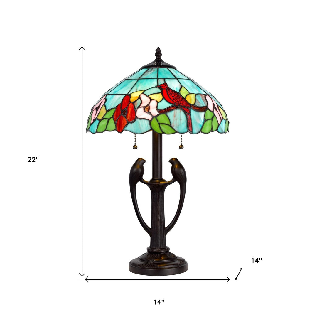 22" Bronze Two Light Tiffany Table Lamp With Aqua and Red Floral Shade