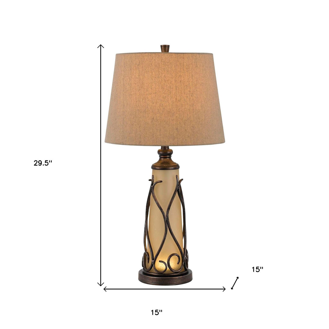 30" Brown Metal Two Light Table Lamp With Brown Empire Shade