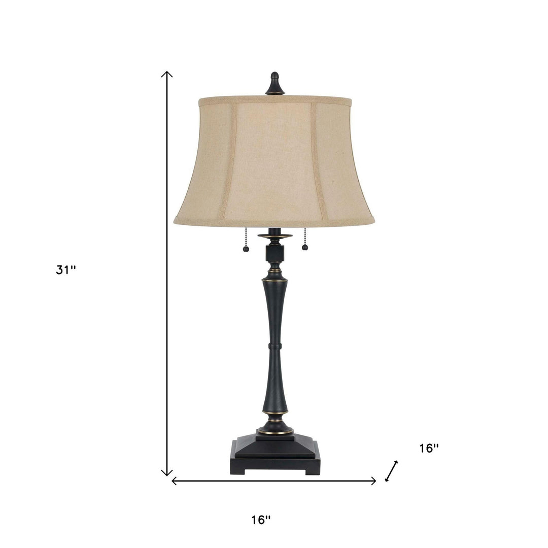 31" Black Metal Two Light Candlestick Table Lamp With Beige Empire Shade