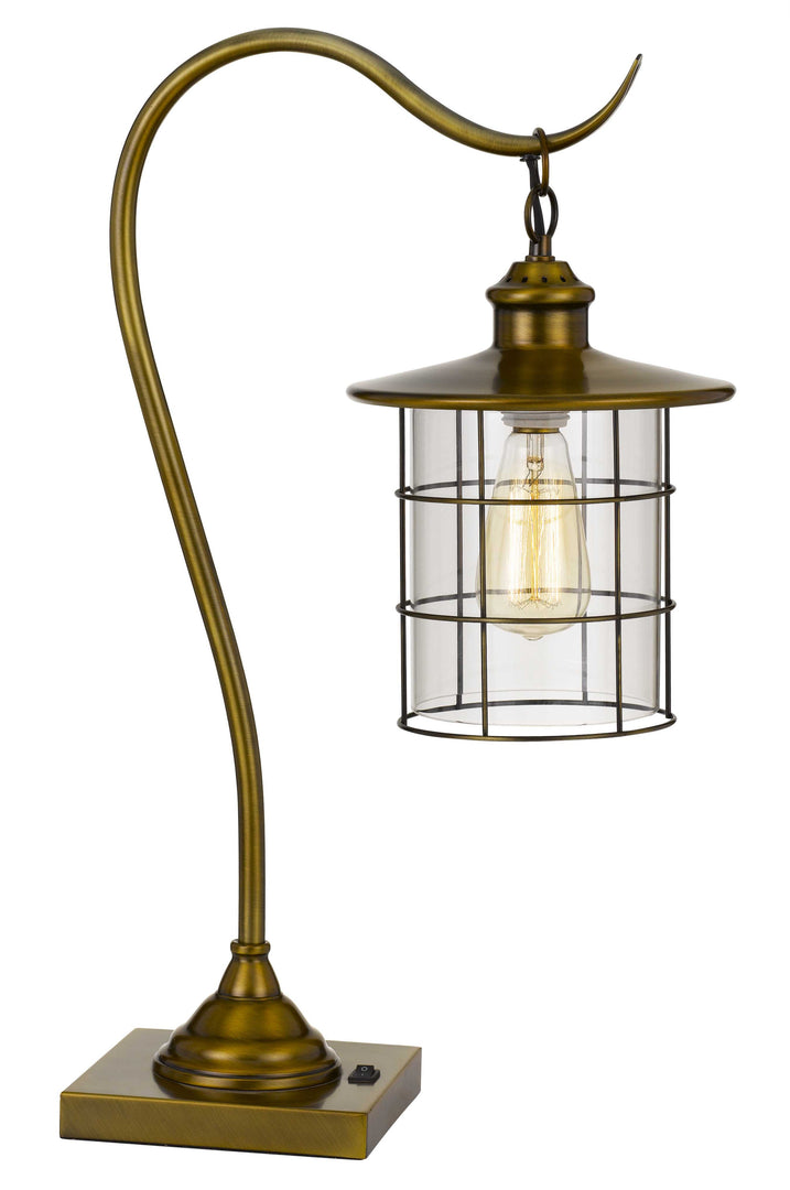 25" Antiqued Brass Metal Lantern Desk Lamp With Antiqued Brass Drum Shade