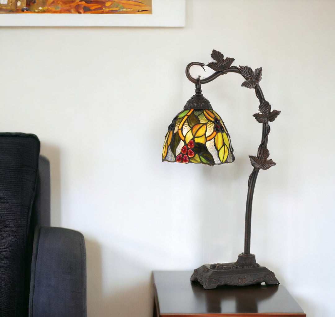 24" Bronze Metal Tiffany Style Table Lamp With Hanging Stained Glass Shade