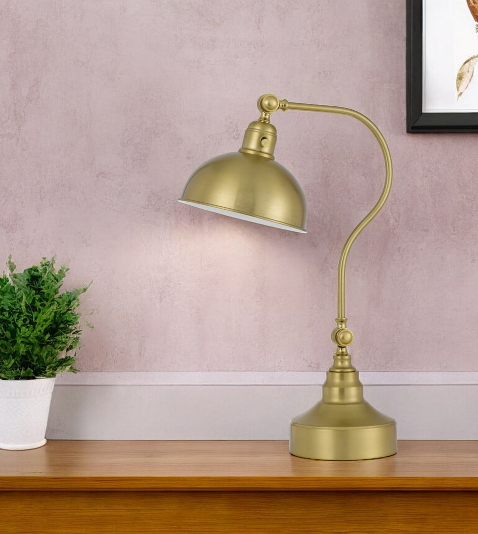 25" Antiqued Brass Metal Lantern Desk Lamp With Antiqued Brass Dome Shade