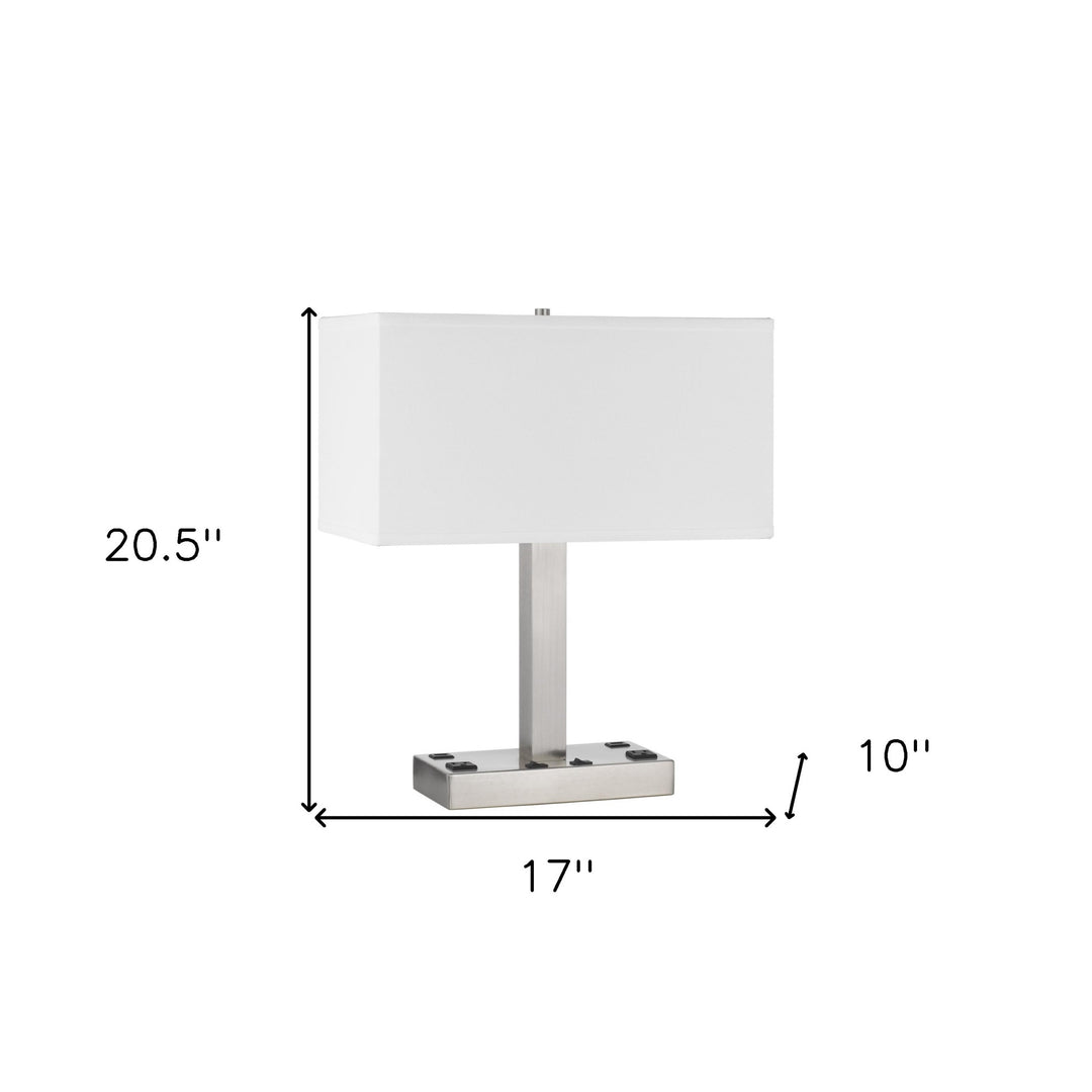 21" Nickel Metal Two Light Desk USB Table Lamp With White Shade