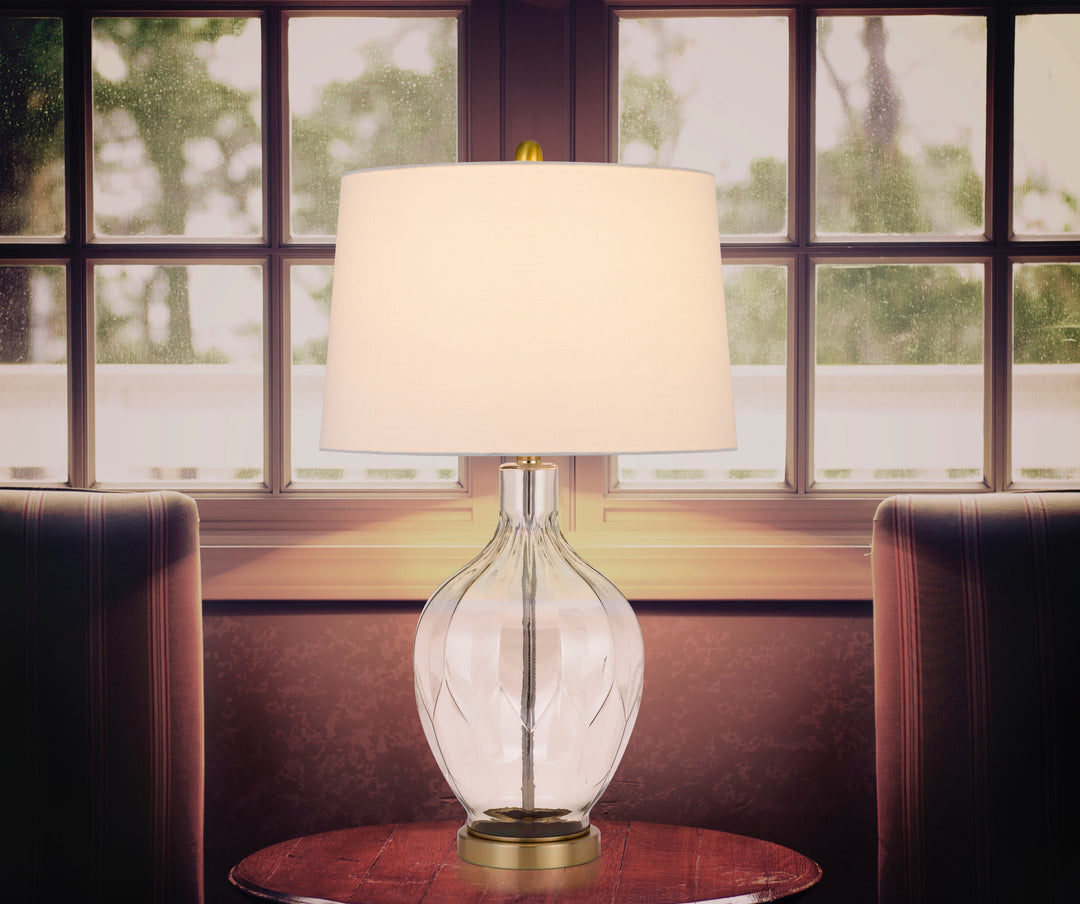 30" Clear Metal Table Lamp With Off White Drum Shade