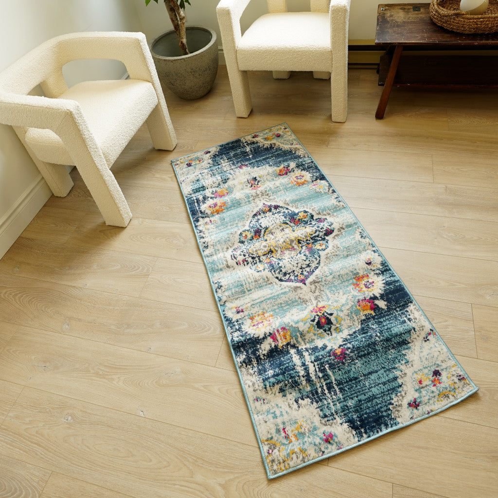 2' X 3' Blue And Beige Oriental Washable Non Skid Area Rug