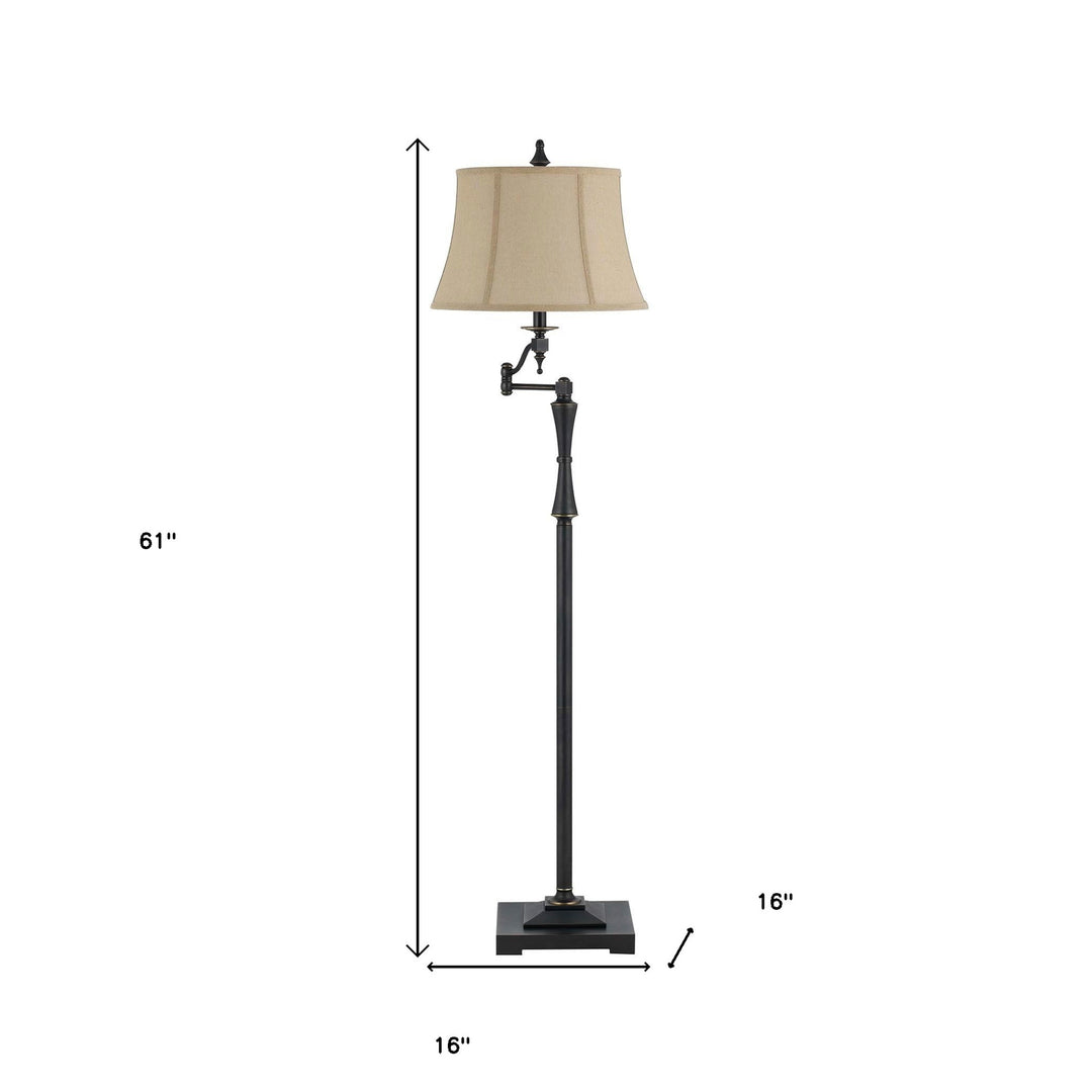 61" Bronze Swing Arm Floor Lamp With Brown Square Shade