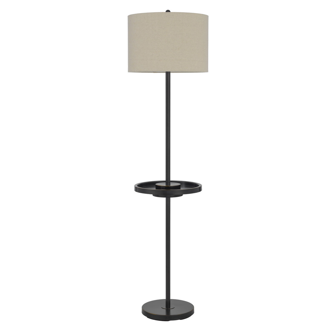 62" Bronze Tray Table Floor Lamp With Beige Drum Shade