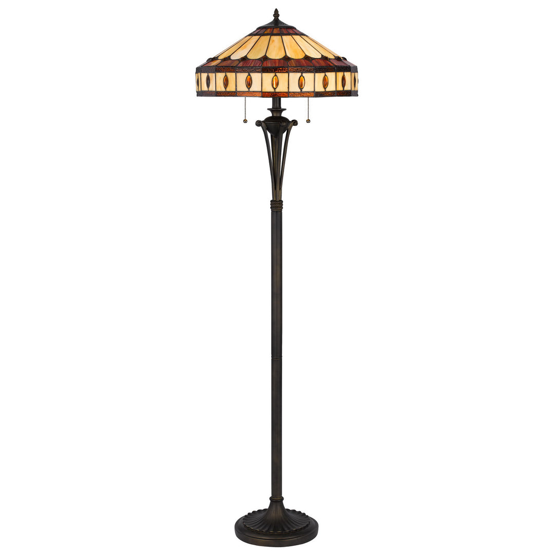 61" Bronze Two Light Traditional Shaped Floor Lamp With Purple and Ivory Abstract Tiffany Glass Empire Shade