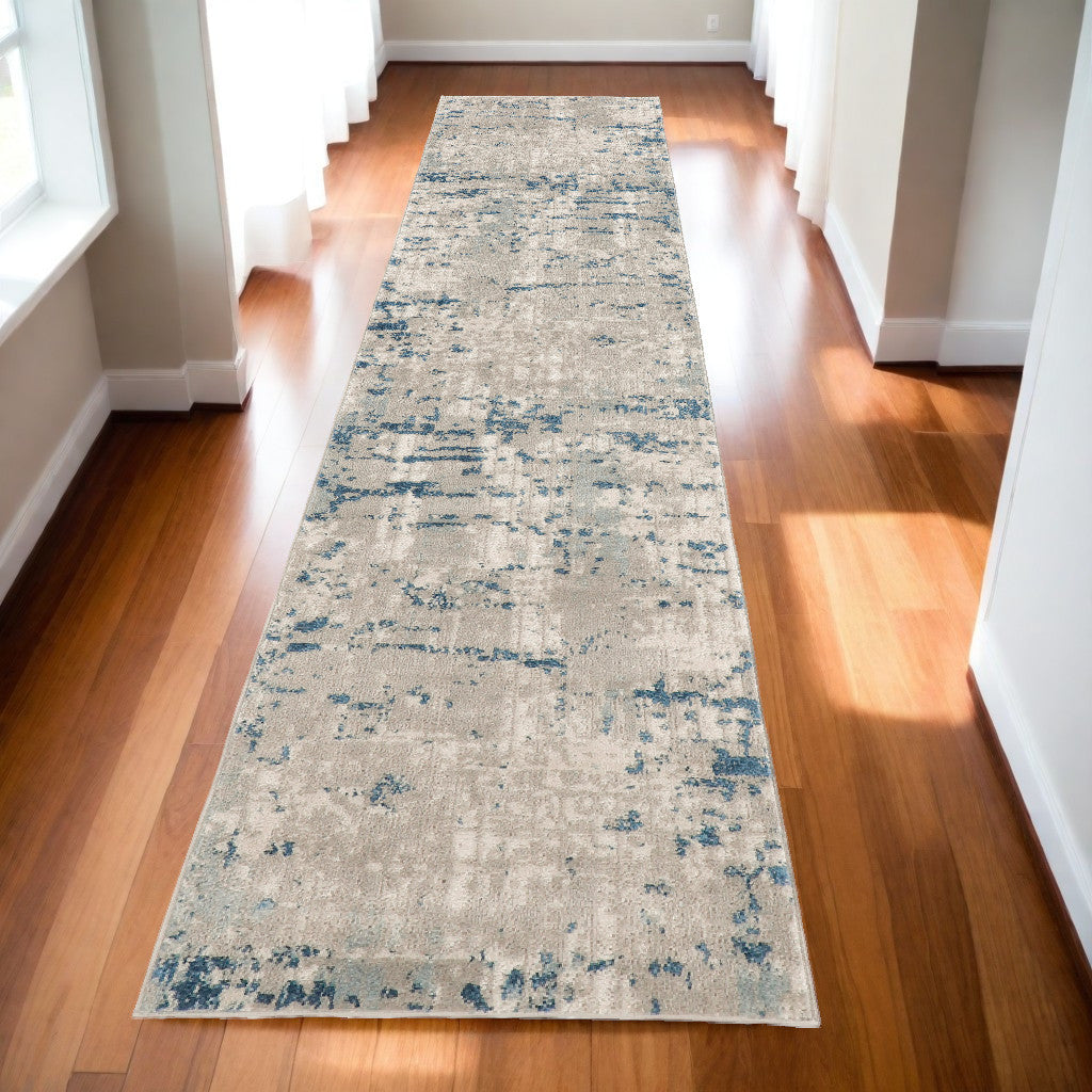 12' Blue and Gray Abstract Power Loom Runner Rug