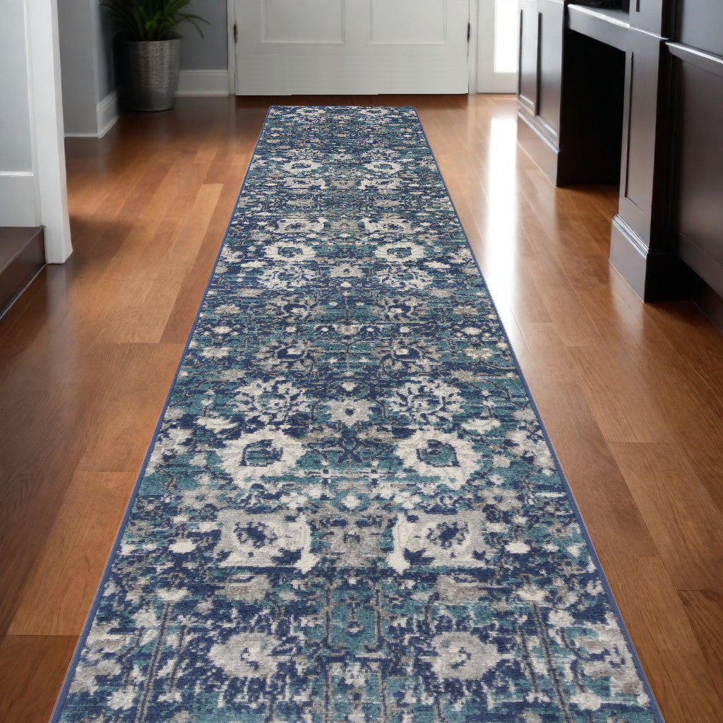 10' Runner Blue and Ivory Floral Power Loom Distressed Runner Rug