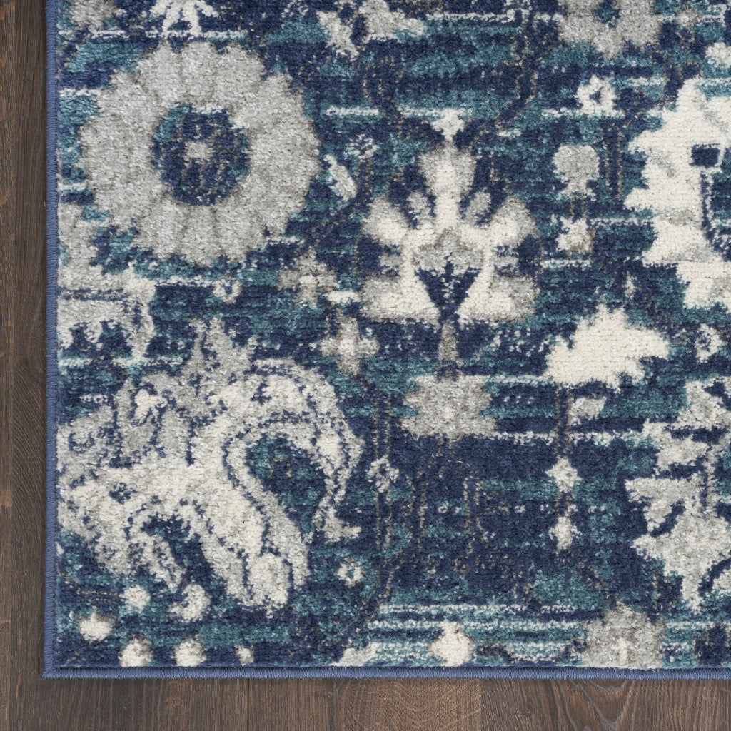 10' Runner Blue and Ivory Floral Power Loom Distressed Runner Rug