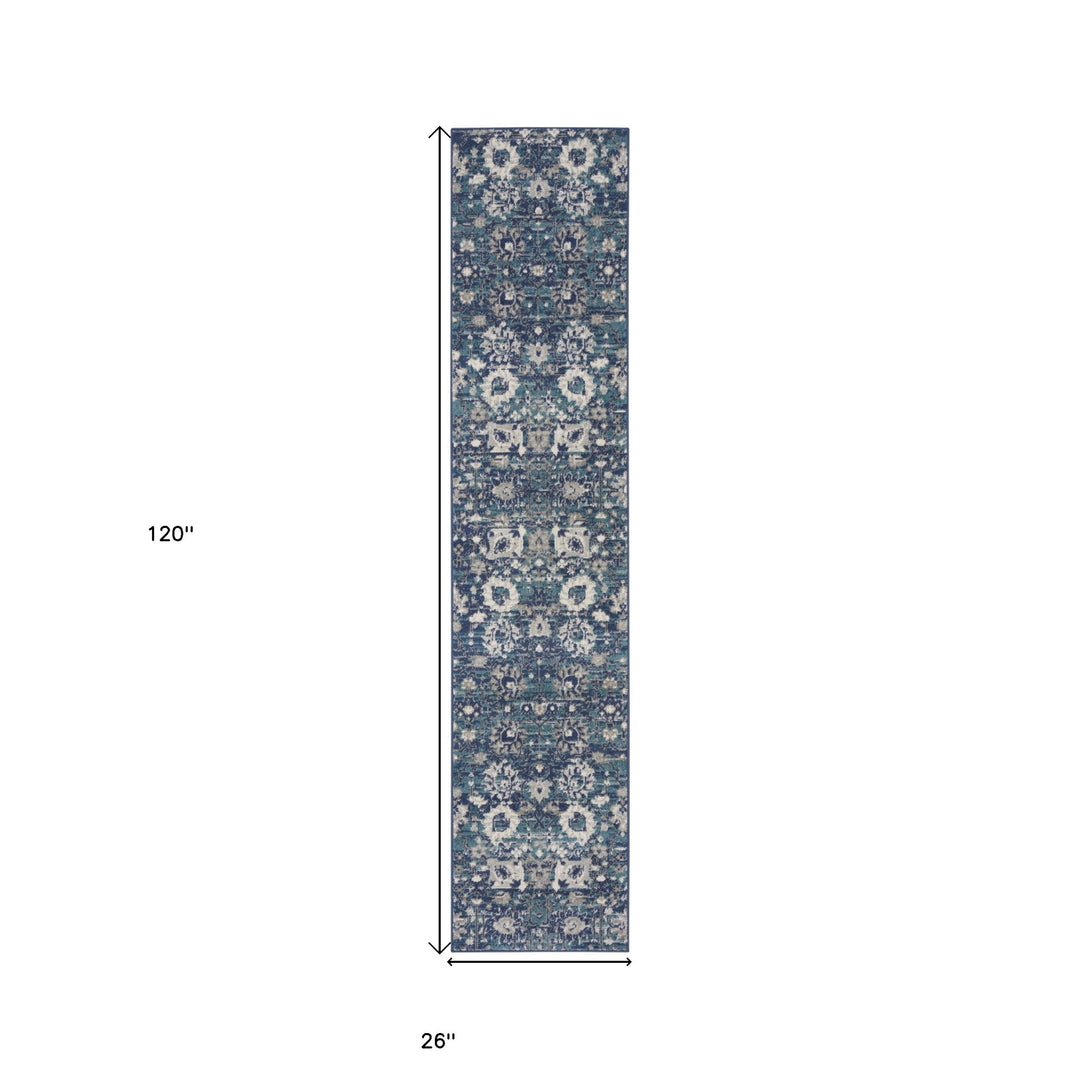 10' Runner Blue and Ivory Floral Power Loom Distressed Runner Rug