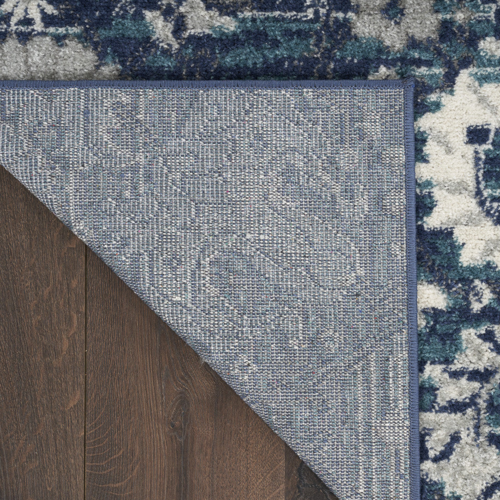 10' Runner Blue and Ivory Floral Power Loom Distressed Runner Rug