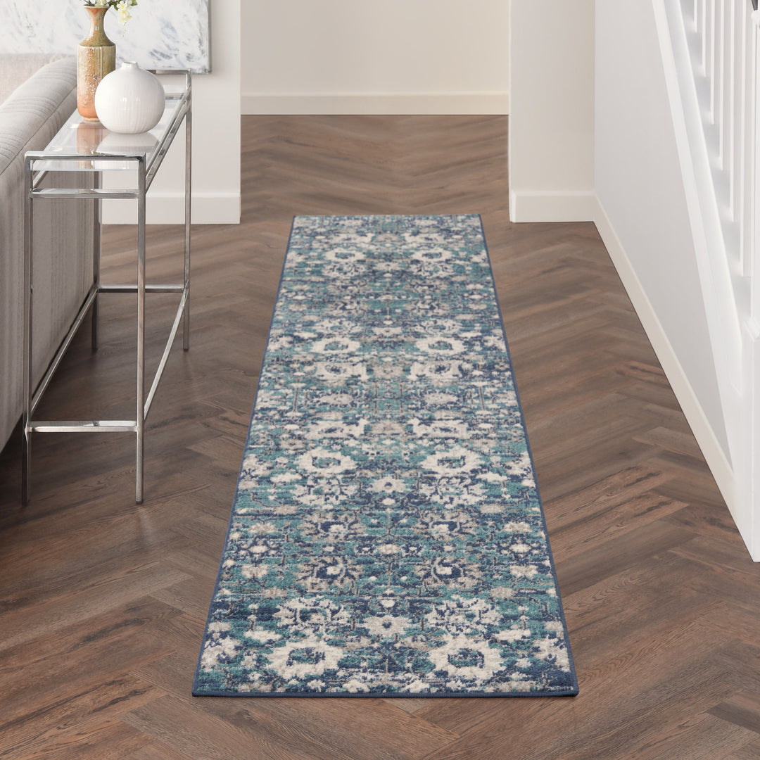 10' Runner Blue and Ivory Floral Power Loom Distressed Runner Rug