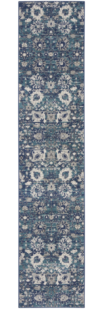 10' Runner Blue and Ivory Floral Power Loom Distressed Runner Rug