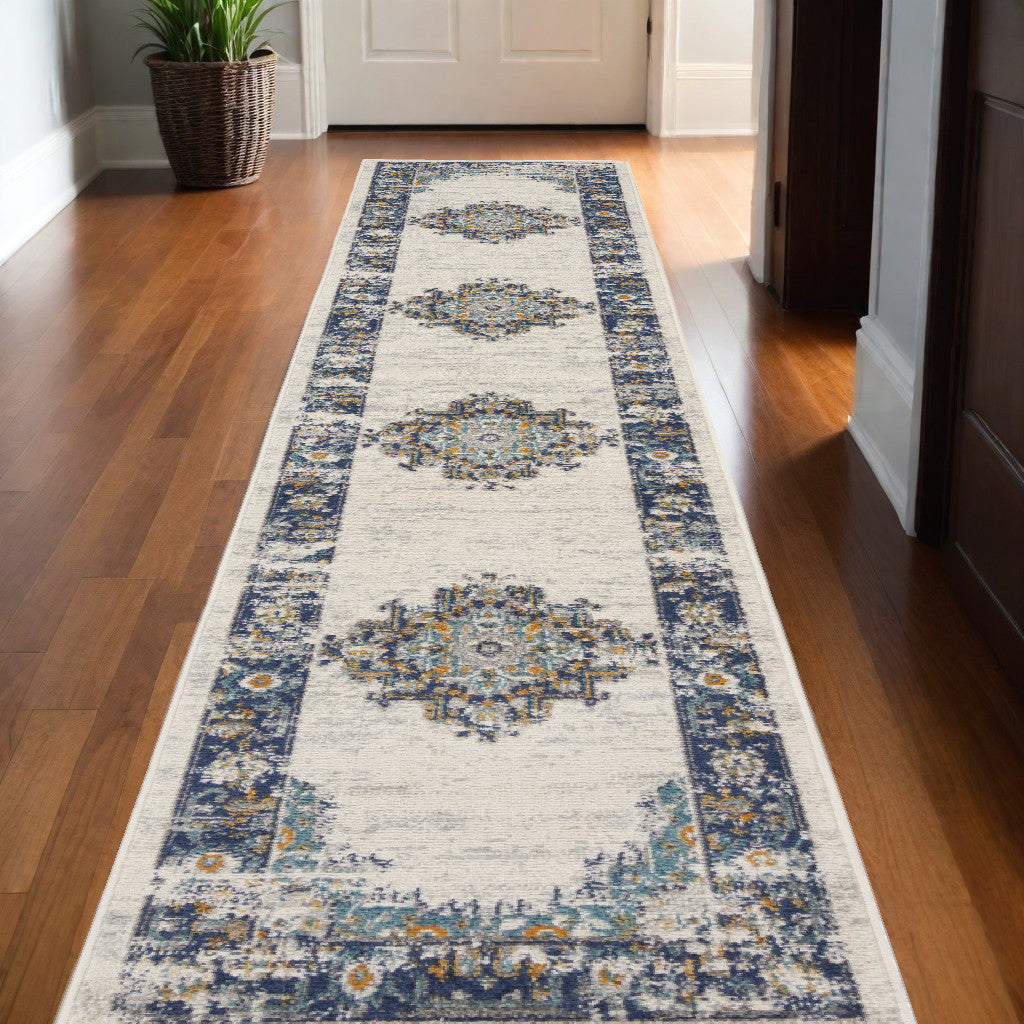 10' Runner Blue and Ivory Oriental Power Loom Distressed Runner Rug