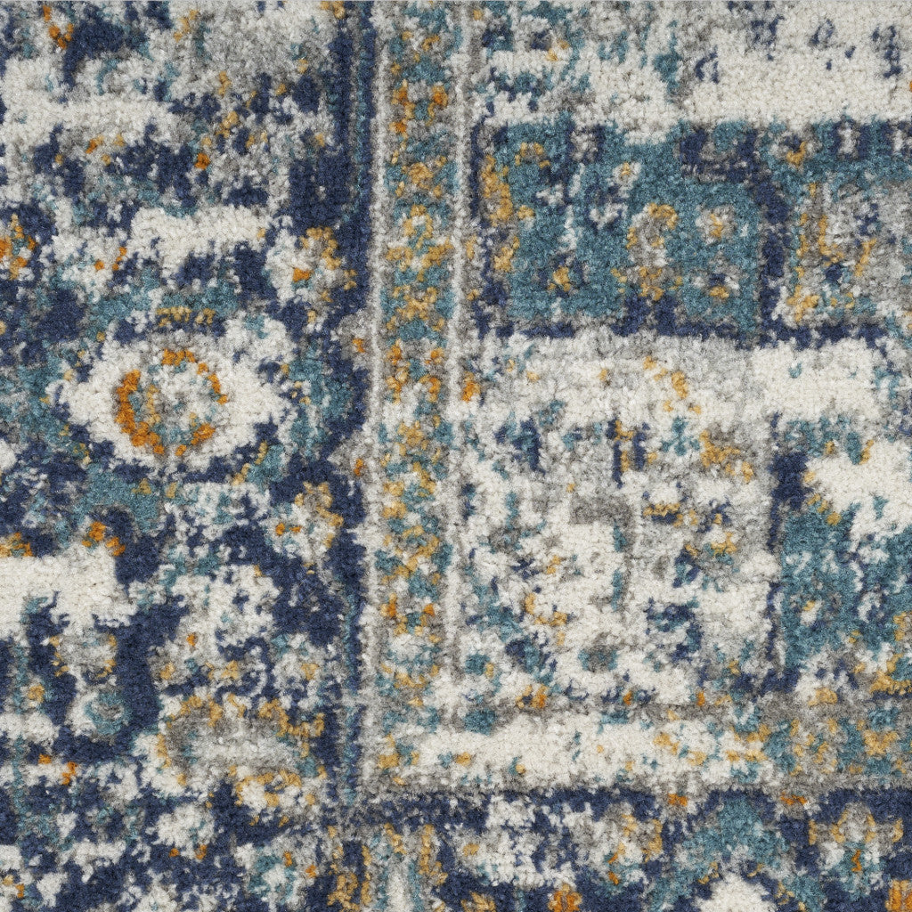 10' Runner Blue and Ivory Oriental Power Loom Distressed Runner Rug