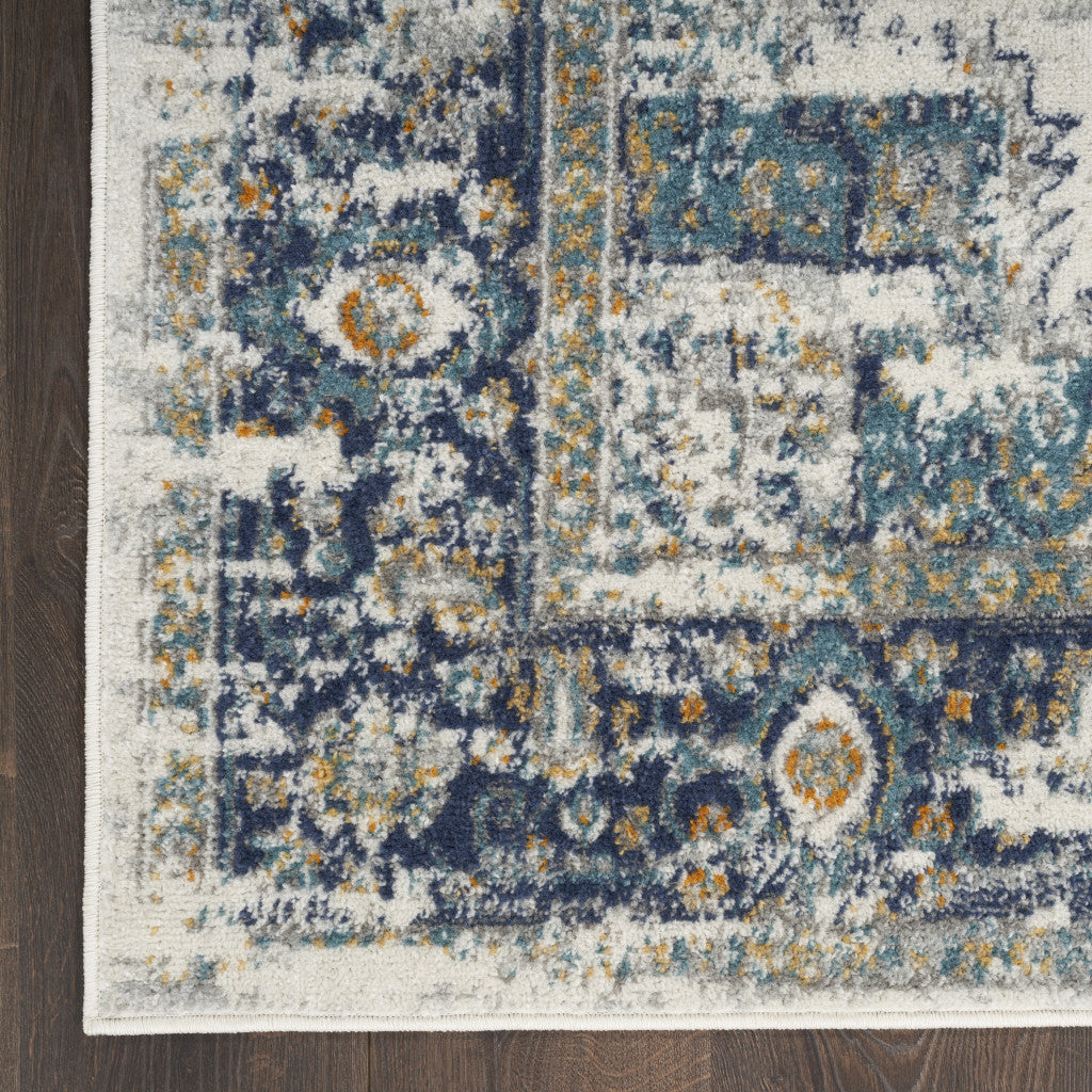 10' Runner Blue and Ivory Oriental Power Loom Distressed Runner Rug