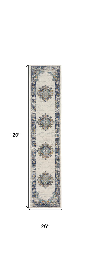 10' Runner Blue and Ivory Oriental Power Loom Distressed Runner Rug