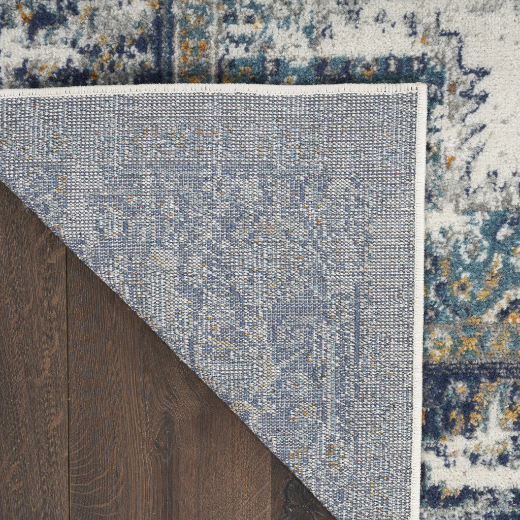 10' Runner Blue and Ivory Oriental Power Loom Distressed Runner Rug