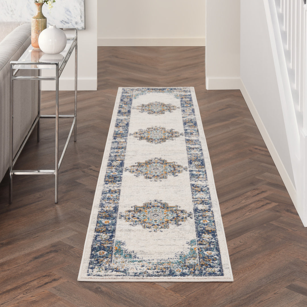 10' Runner Blue and Ivory Oriental Power Loom Distressed Runner Rug