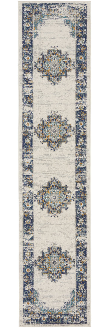 10' Runner Blue and Ivory Oriental Power Loom Distressed Runner Rug