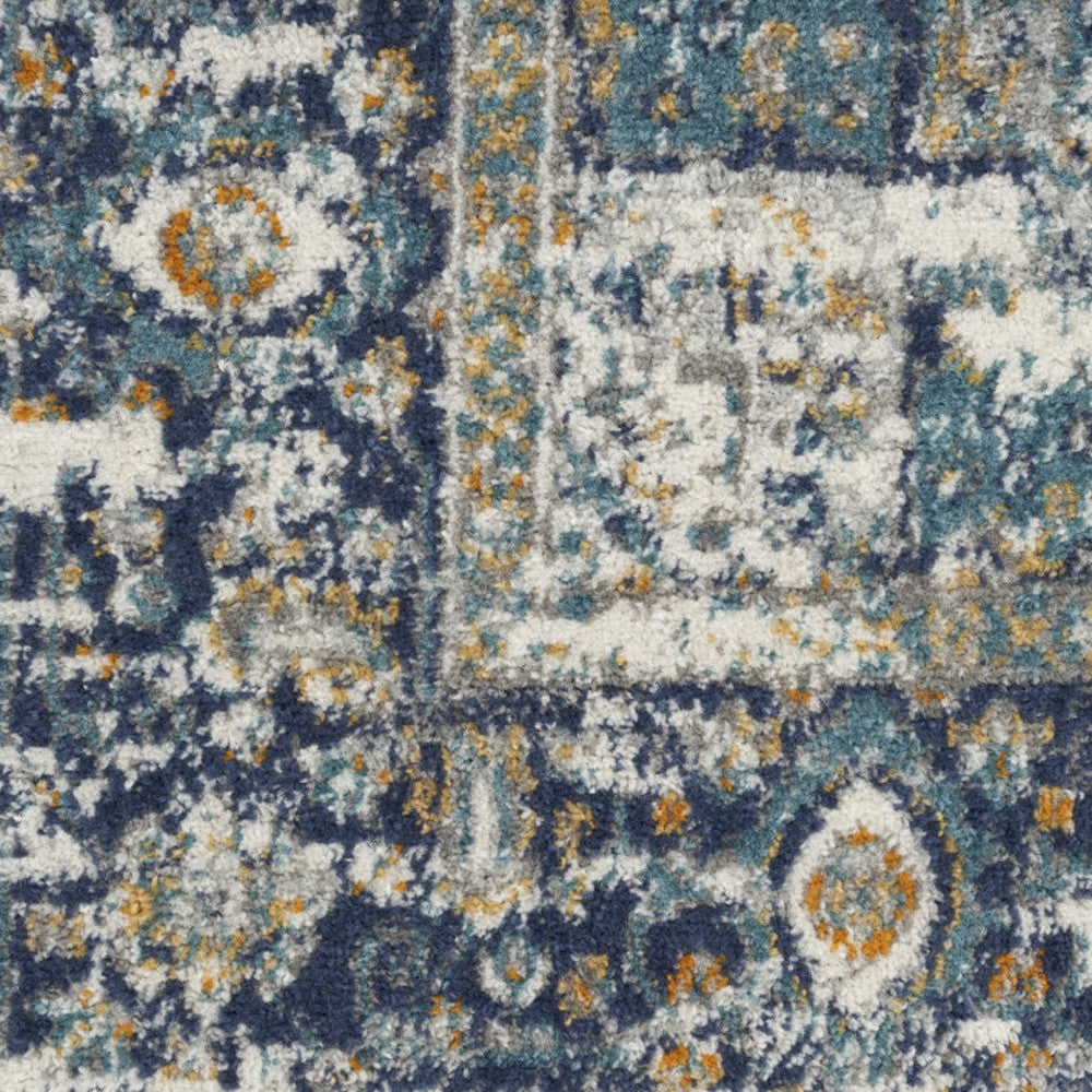 10' Runner Blue and Ivory Oriental Power Loom Distressed Runner Rug