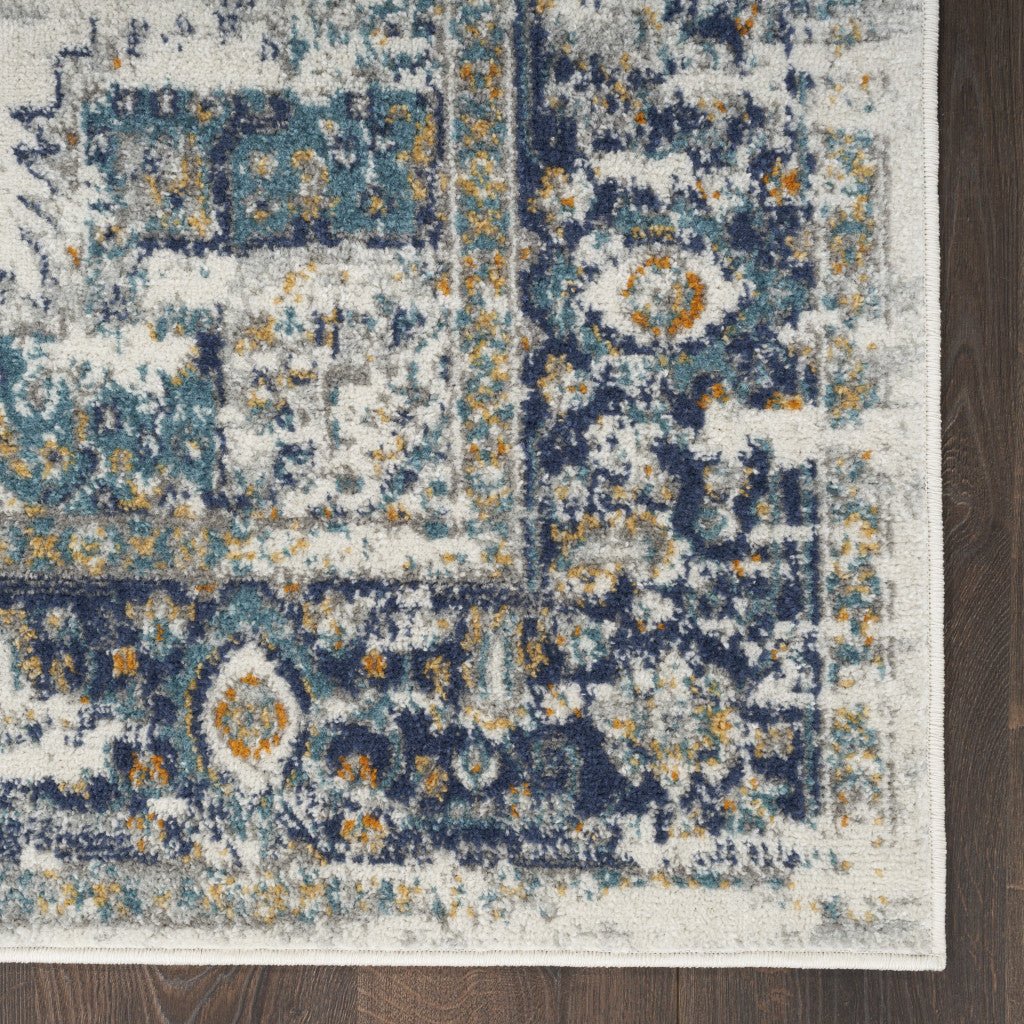 10' Runner Blue and Ivory Oriental Power Loom Distressed Runner Rug