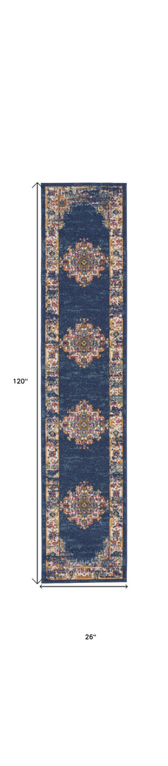 10' Blue and Ivory Oriental Power Loom Distressed Runner Rug