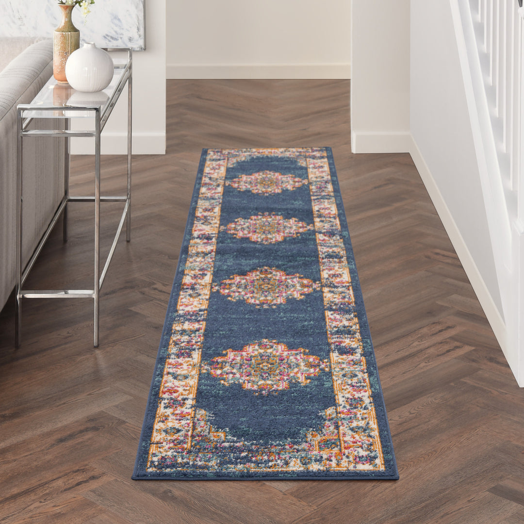 10' Blue and Ivory Oriental Power Loom Distressed Runner Rug