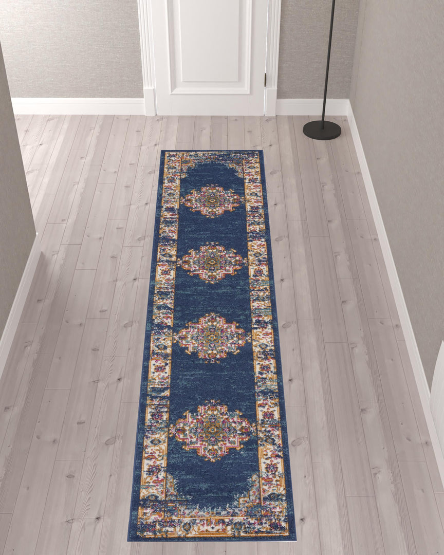 10' Blue and Ivory Oriental Power Loom Distressed Runner Rug