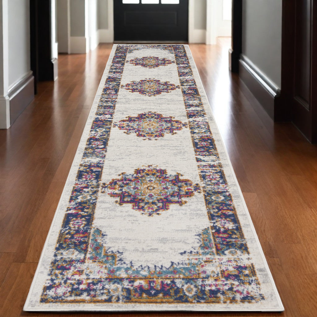 10' Runner Blue and Ivory Oriental Power Loom Distressed Runner Rug